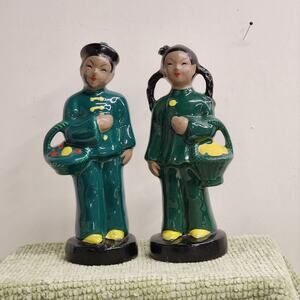 Vintage 1950 Kreiss Ceramic Boy and Girl Figurines Pair Green Outfits Japan